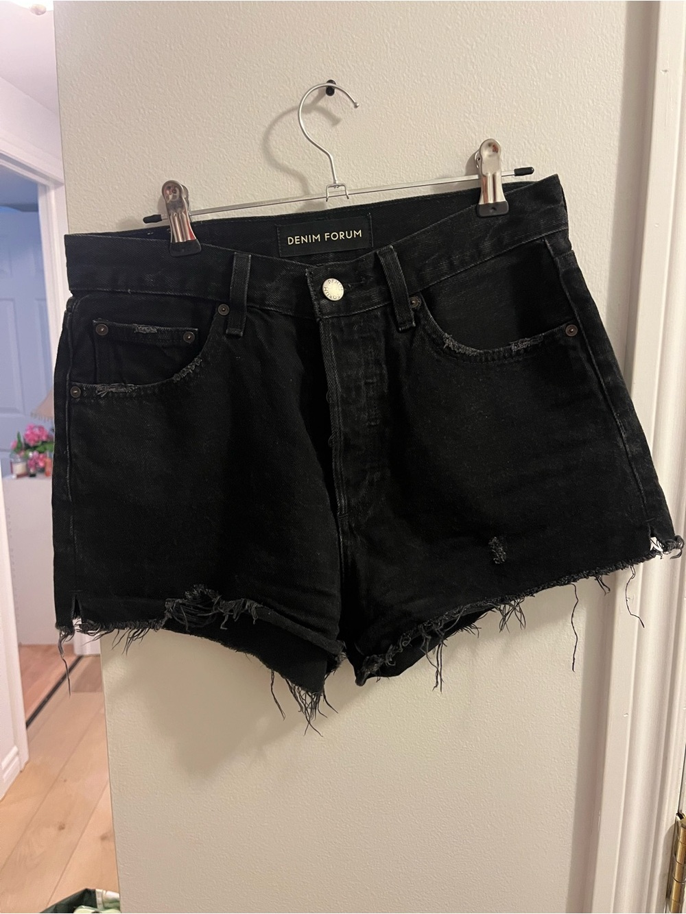 Denim Forum Black Distressed High-Rise Denim Shorts